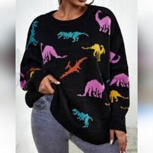 Shein Curve Dinosaur Pattern Drop Shoulder Sweater Black & Multicolored 3XL